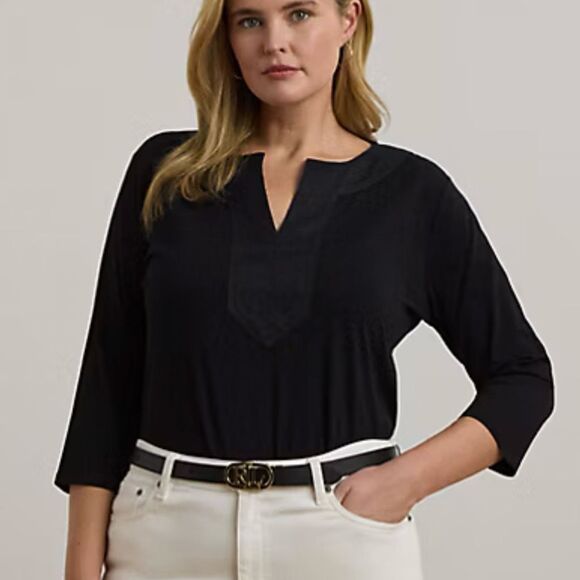 Ralph Lauren Women's Plus 2XL Black Split-Neck Tunic Top 3/4 Sleeve - Picture 1 of 6
